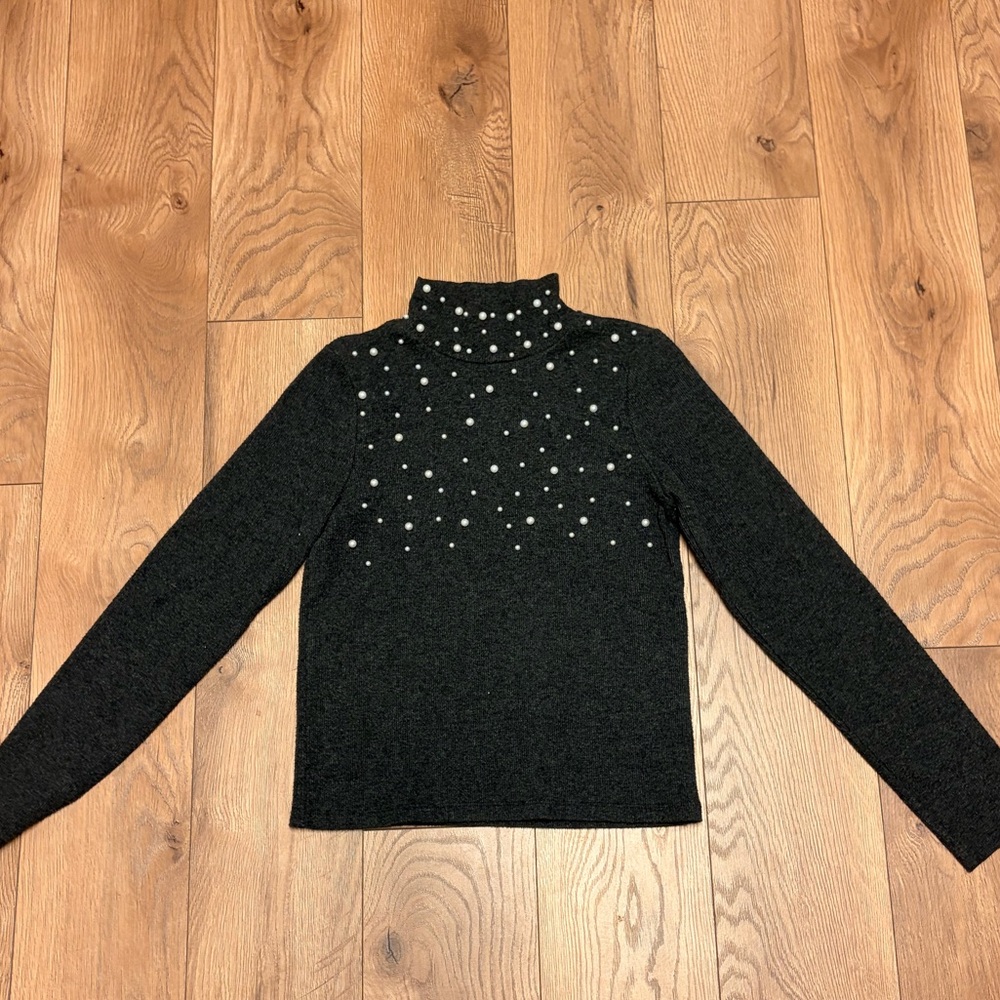 Zara Black Long Sleeve Top with Pearl Accents